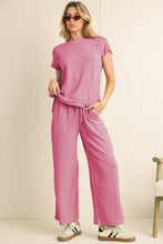 Load image into Gallery viewer, Luxury Solid Corded Short Sleeve T Shirt And Wide Leg Pants Set
