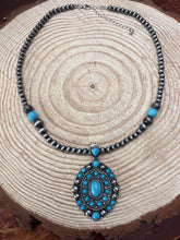 Load image into Gallery viewer, Faux Turquoise and Faux Sterling Pearl Concho Necklace - 20 inch + 3