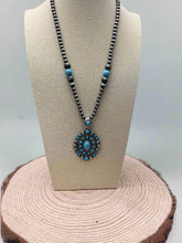 Load image into Gallery viewer, Faux Turquoise and Faux Sterling Pearl Concho Necklace - 20 inch + 3