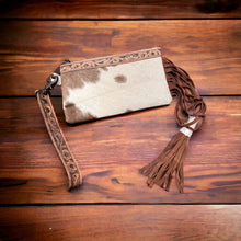 Load image into Gallery viewer, Tooled Cowhide Wristlet Pouch