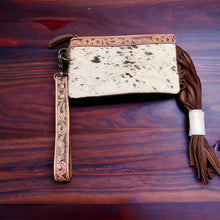Load image into Gallery viewer, Tooled Cowhide Wristlet Pouch