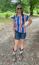 Load image into Gallery viewer, Red-White-Blue Aztec Print Top With Gathered Side
