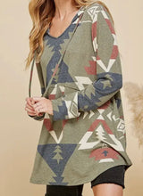 Load image into Gallery viewer, Olive With Aztec Print Loose Fitting Hoodie With Kangaroo Pocket
