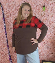 Load image into Gallery viewer, Long Sleeve Brown With Red/Black Plaid Top
