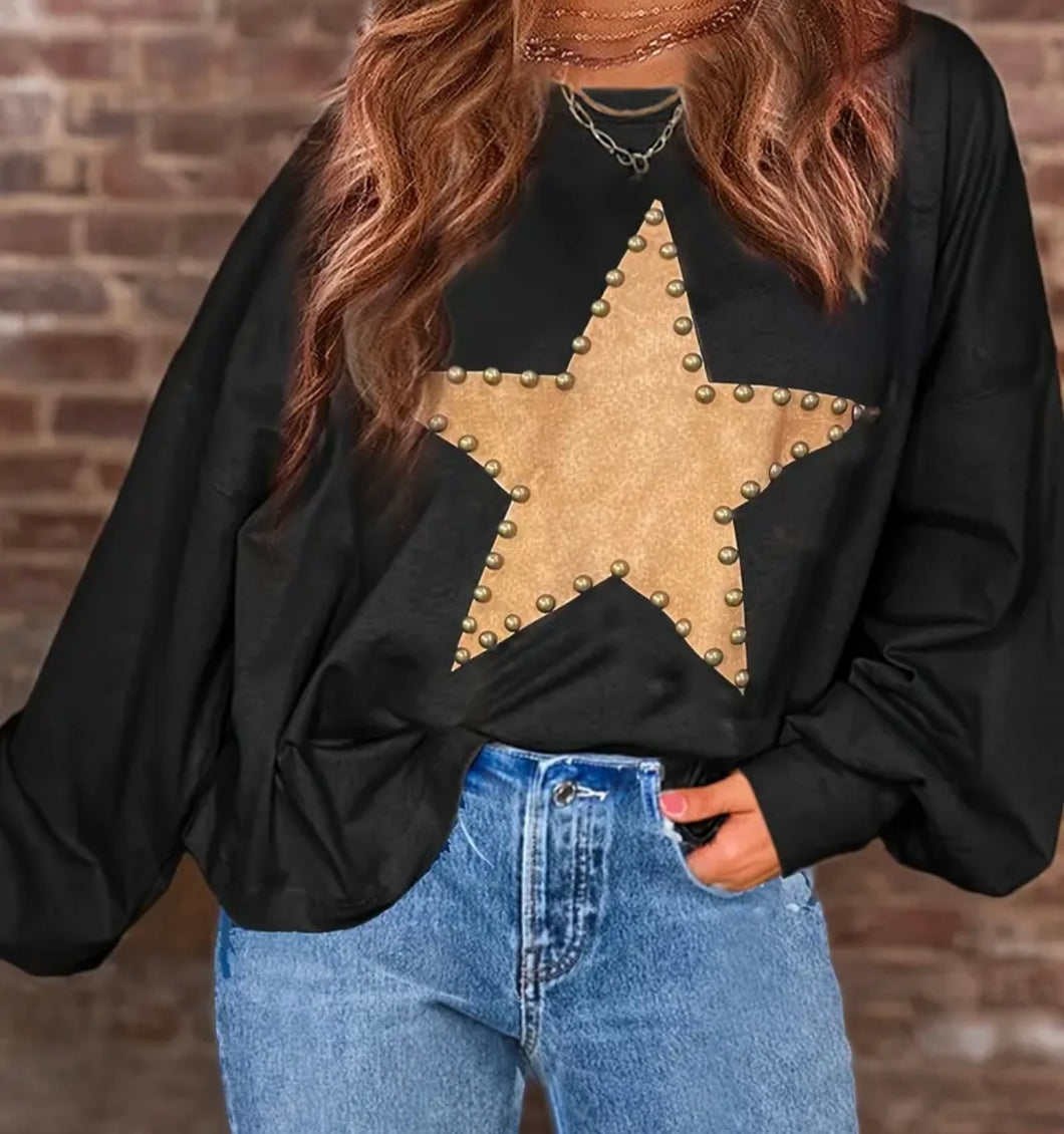 Black Long-sleeve Shirt With Studded Star Center