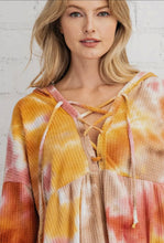 Load image into Gallery viewer, Tie Dye Waffle Knit Top With Criss Cross Front &amp; Hood
