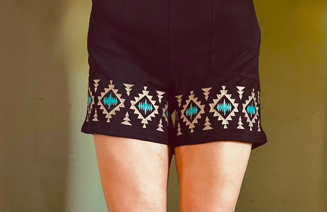 Black Soft Shorts With Teal Aztec Detail At Legs