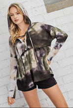 Load image into Gallery viewer, Tie Dye Waffle Knit Top With Criss Cross Front &amp; Hood

