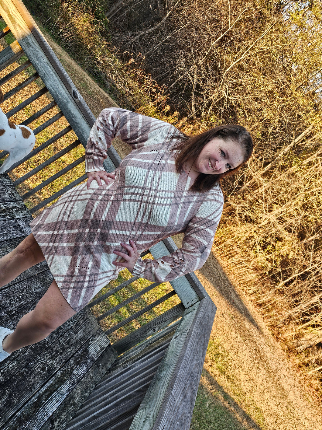 Khaki Sweater Dress With Burgundy Stripes