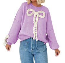 Load image into Gallery viewer, Thick Purple Sweater With Braided Bow On Cheat and Sleeves
