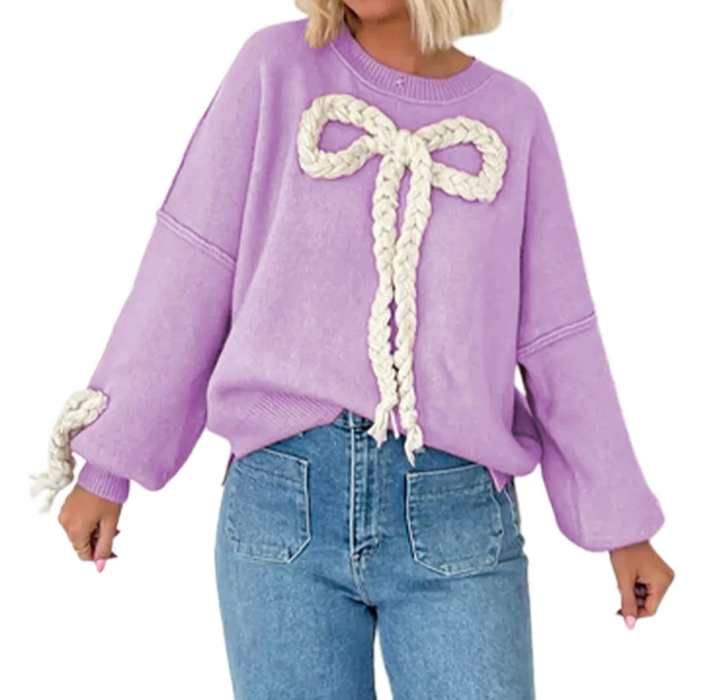 Thick Purple Sweater With Braided Bow On Cheat and Sleeves