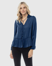 Load image into Gallery viewer, Navy Sheer Long Sleeve Boho Top
