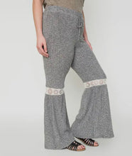 Load image into Gallery viewer, Grey Ribbed Flares With Drawstring Waist &amp; Lace Insert
