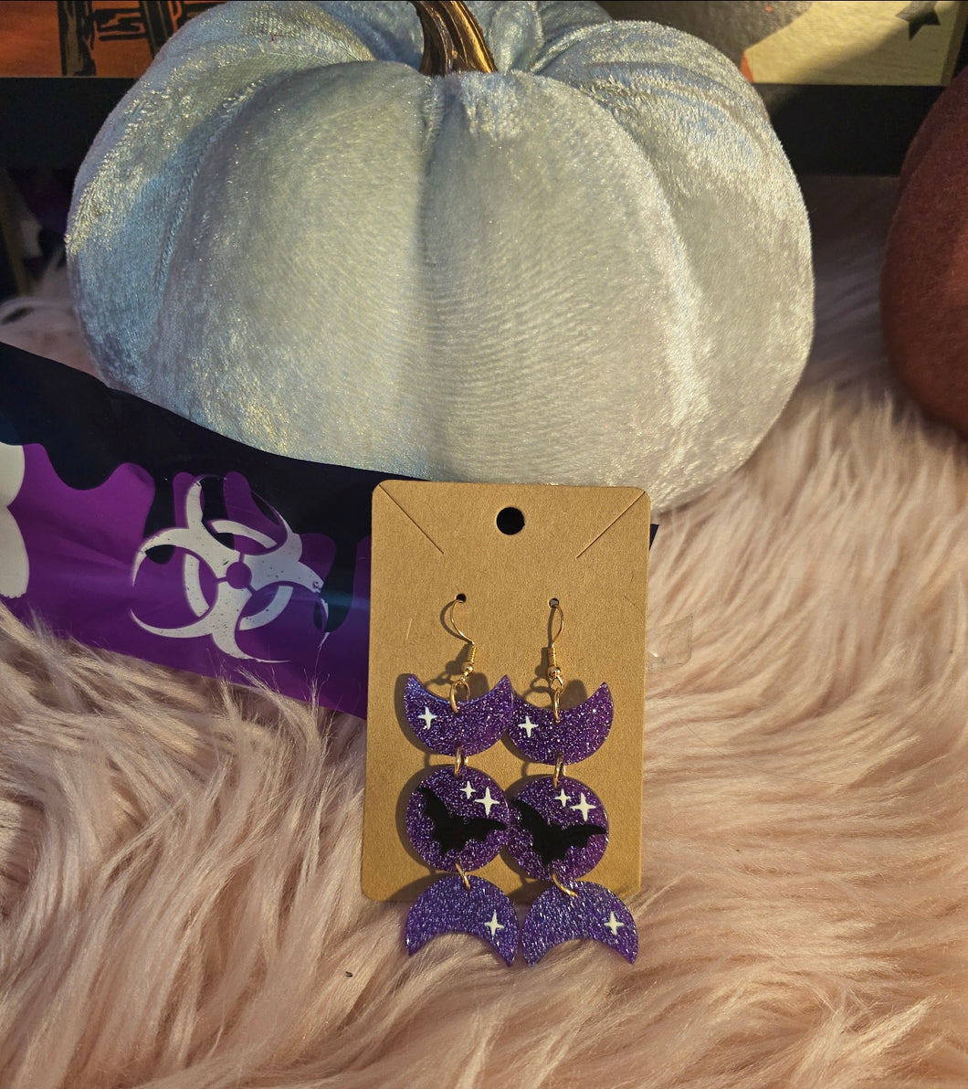 Purple & Black Glitter Moon Dangle Earrings