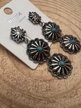 Load image into Gallery viewer, 3 Concho Dangle Earrings with Faux Turquoise - 2 1/4 inch drop
