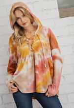 Load image into Gallery viewer, Tie Dye Waffle Knit Top With Criss Cross Front &amp; Hood

