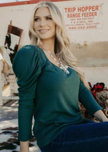 Load image into Gallery viewer, Sterling Kreek Slinky Hunter Green Long Sleeve With Cinched Shoulder Detail
