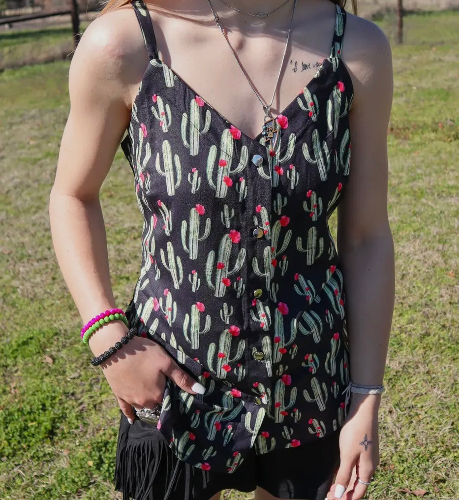 Black With Cactus Button Up Spaghetti Strap Top