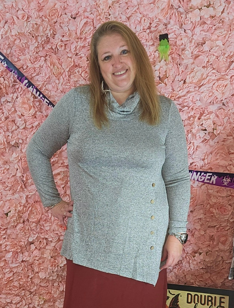 Grey Cowl Neck Sweater With Button Detail