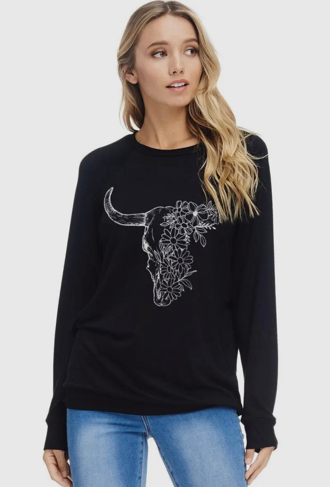 Black Long Sleeve with Floral/Cow Skull On Front