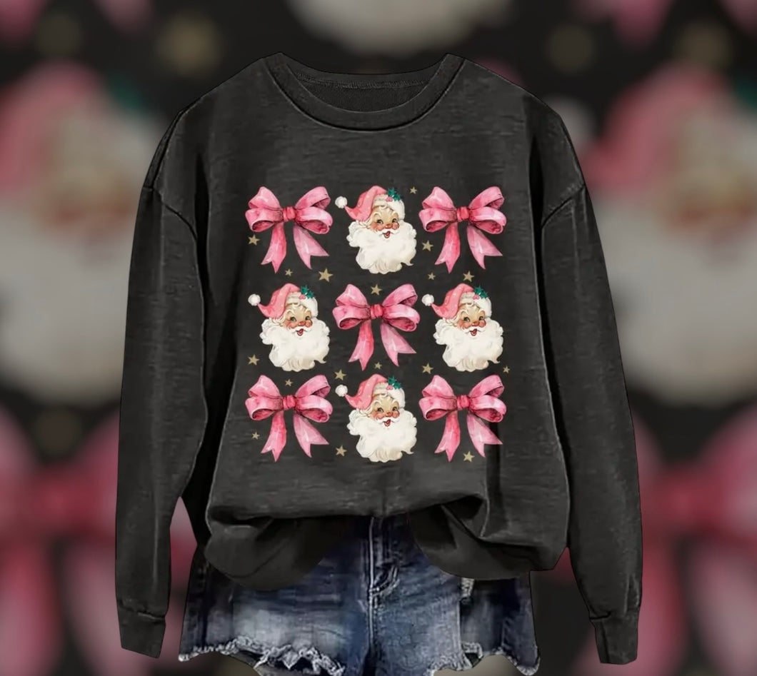 Long Sleeve Grey Shirt With Pink Bows & Santa Faces