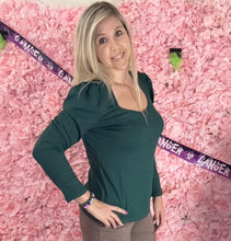 Load image into Gallery viewer, Sterling Kreek Slinky Hunter Green Long Sleeve With Cinched Shoulder Detail
