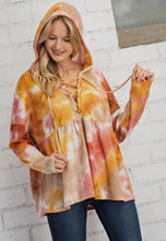 Load image into Gallery viewer, Tie Dye Waffle Knit Top With Criss Cross Front &amp; Hood
