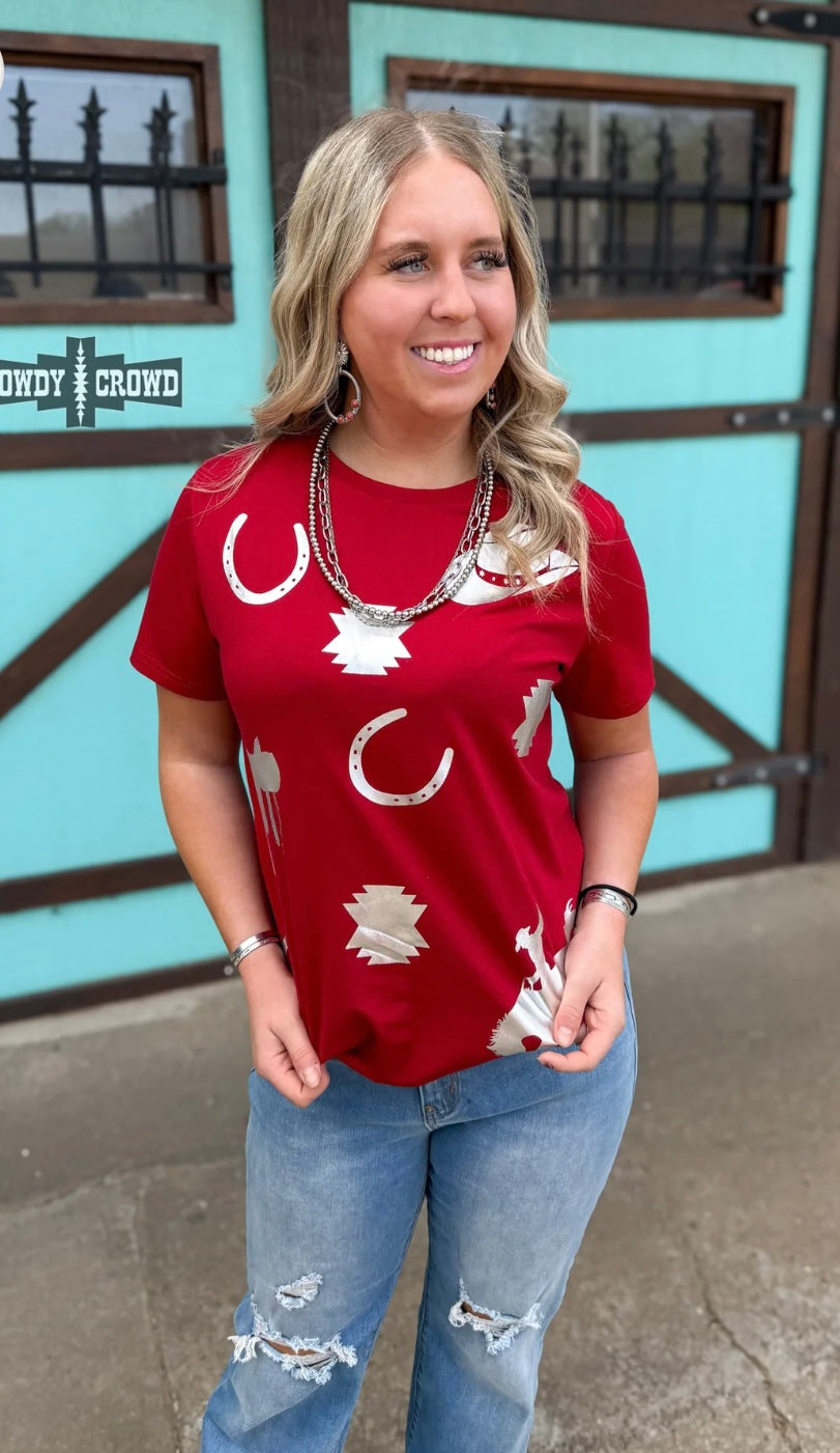 Red Short Sleeve With Silver Foil Western Prints
