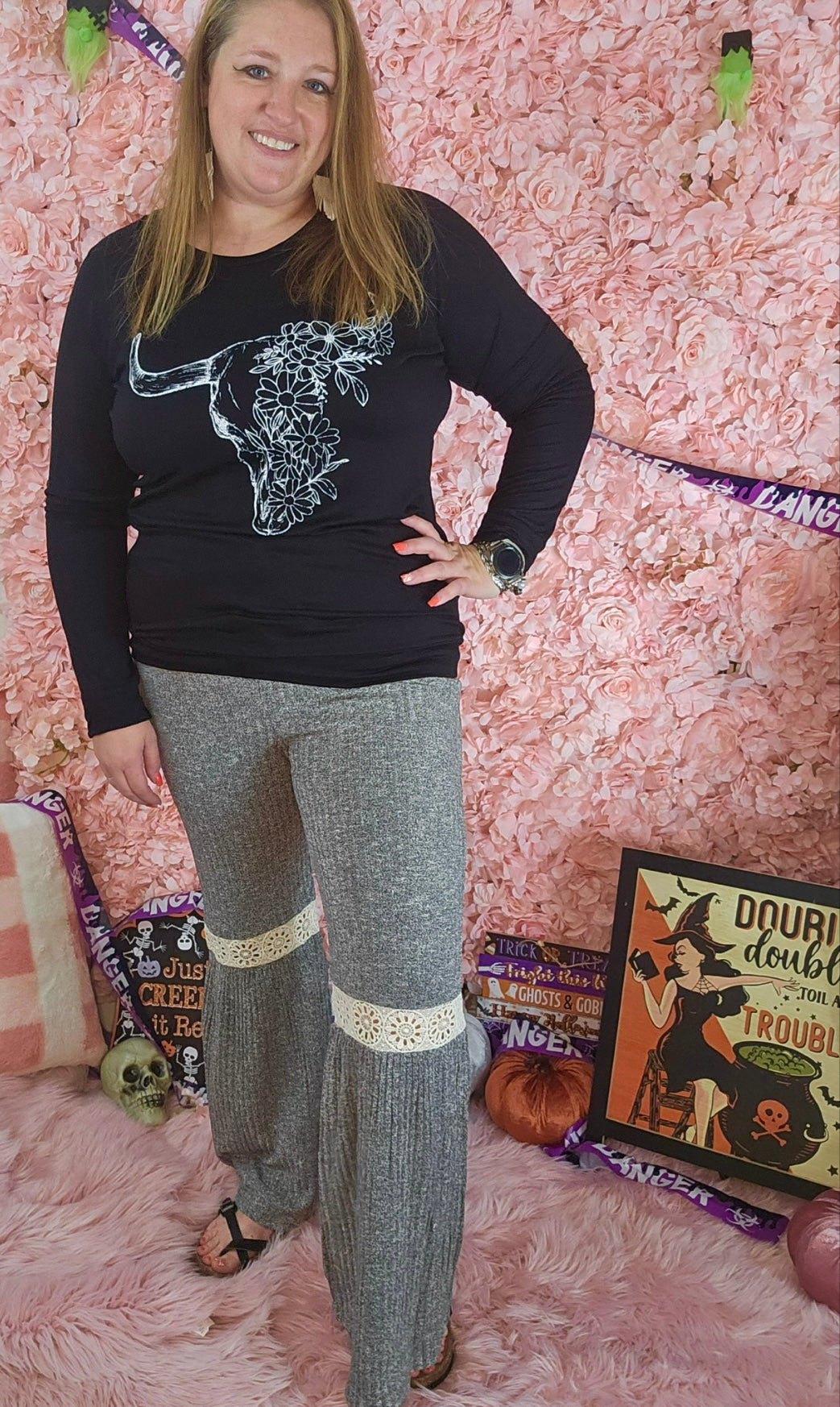 Grey Ribbed Flares With Drawstring Waist & Lace Insert