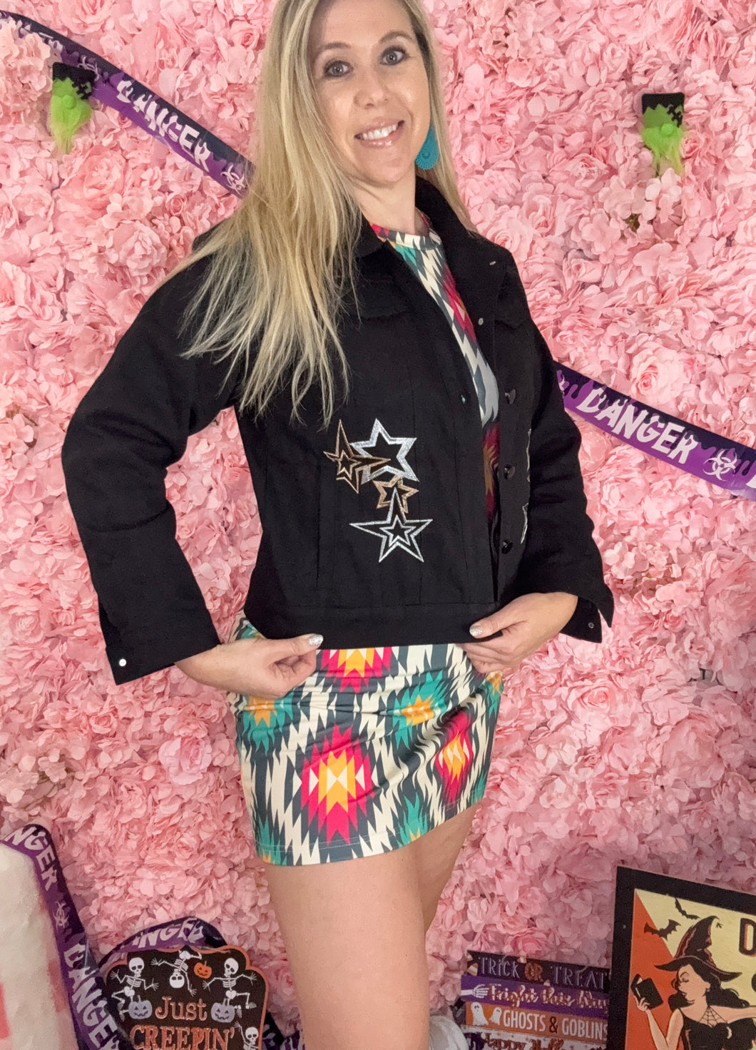 Black Denim Western Themed Jacket With Stars & Detailed Back