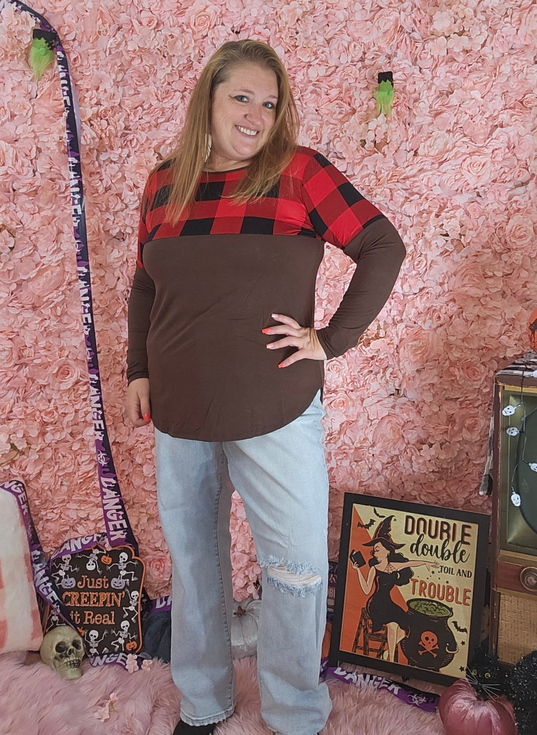 Long Sleeve Brown With Red/Black Plaid Top