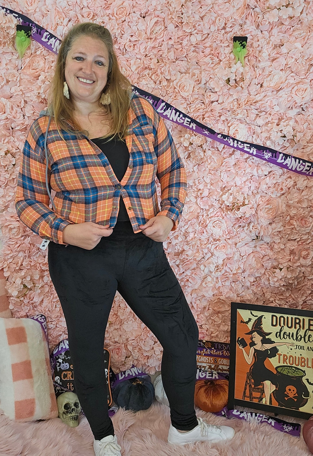 Orange Plaid Button Up With Hood