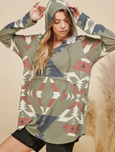 Load image into Gallery viewer, Olive With Aztec Print Loose Fitting Hoodie With Kangaroo Pocket
