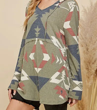 Load image into Gallery viewer, Olive With Aztec Print Loose Fitting Hoodie With Kangaroo Pocket
