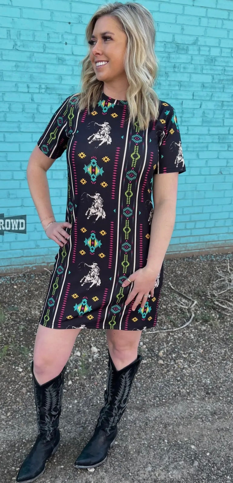 Black T-Shirt Dress With Western Prints