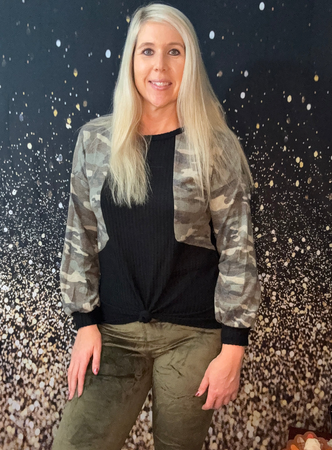 Waffle Knit Black Longsleeve Top With Camo Detail On Sleeves