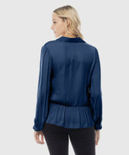 Load image into Gallery viewer, Navy Sheer Long Sleeve Boho Top
