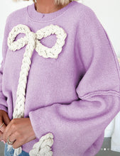 Load image into Gallery viewer, Thick Purple Sweater With Braided Bow On Cheat and Sleeves
