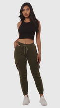 Load image into Gallery viewer, Olive Green Joggers With Cargo Pockets &amp; Drawstring Waist
