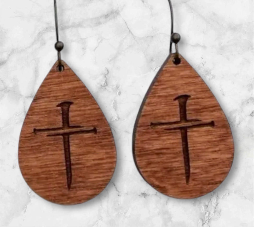 Wooden Oval Earrings With Nail Cross