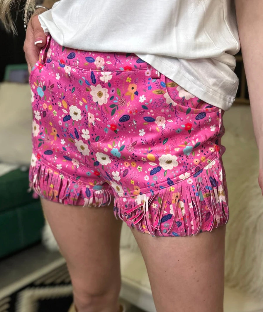 Pretty In Pink Floral Fringe Shorts