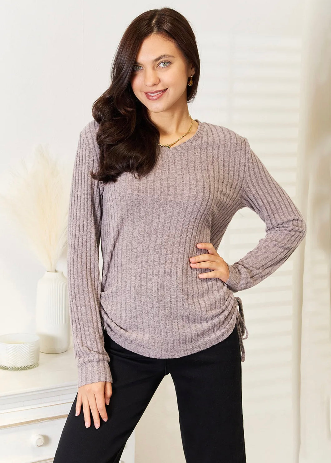 Grey ⚪️ Mauve Ribbed Shirt With Tie Sides