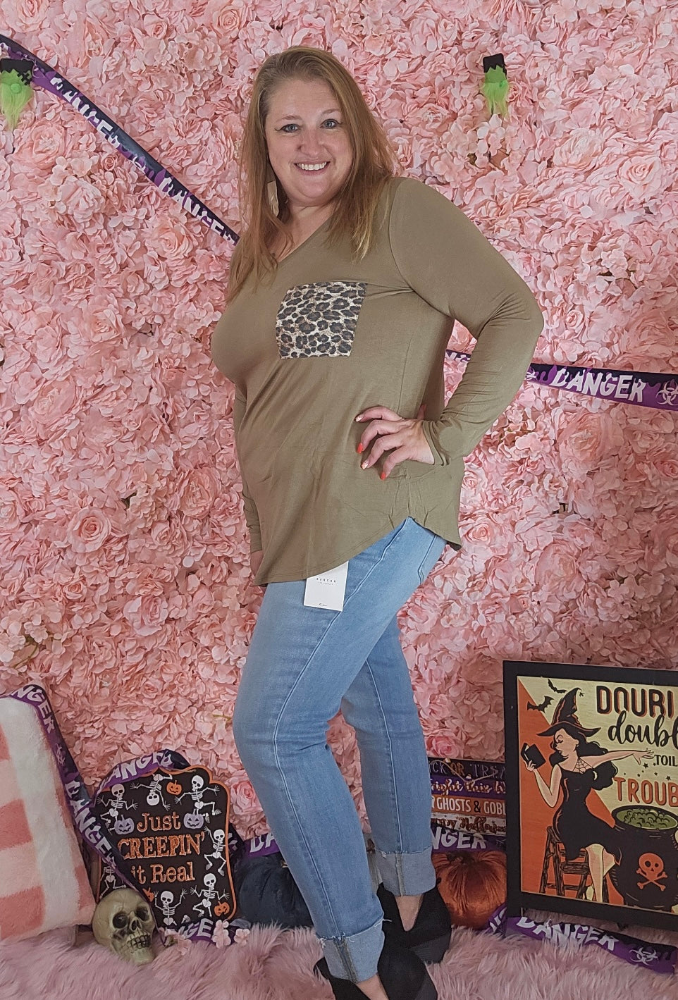 Long Sleeve Khaki Shirt With Leopard Print Pocket