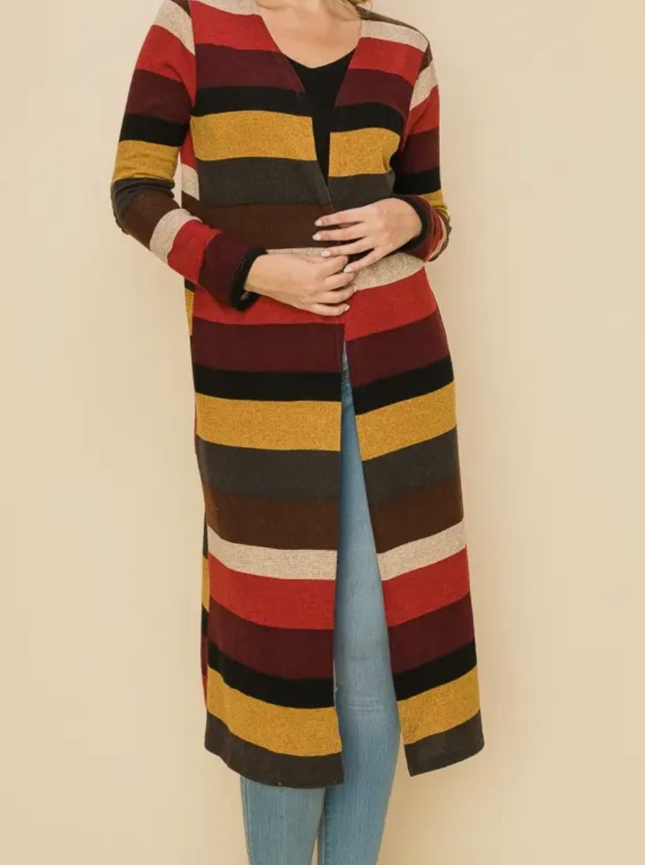 Fall Colored Striped Long Sleeve Long Cardigan