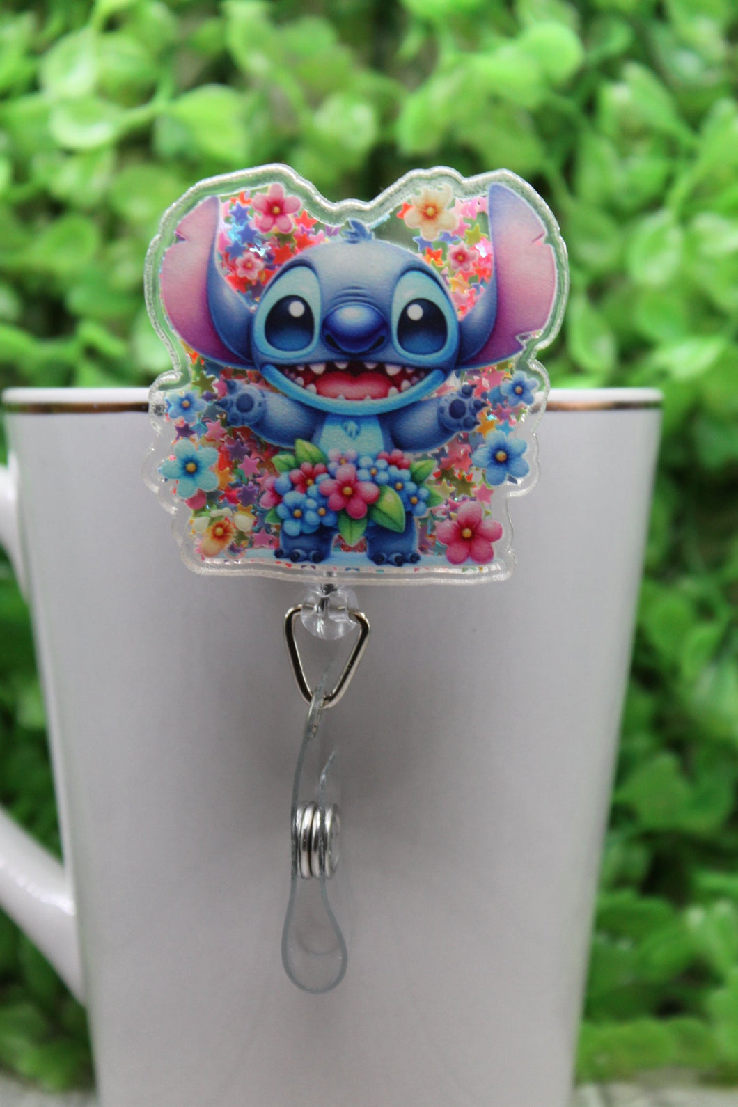 Floral Stitch Shaker • Badge/ID Holder with Alligator Clip