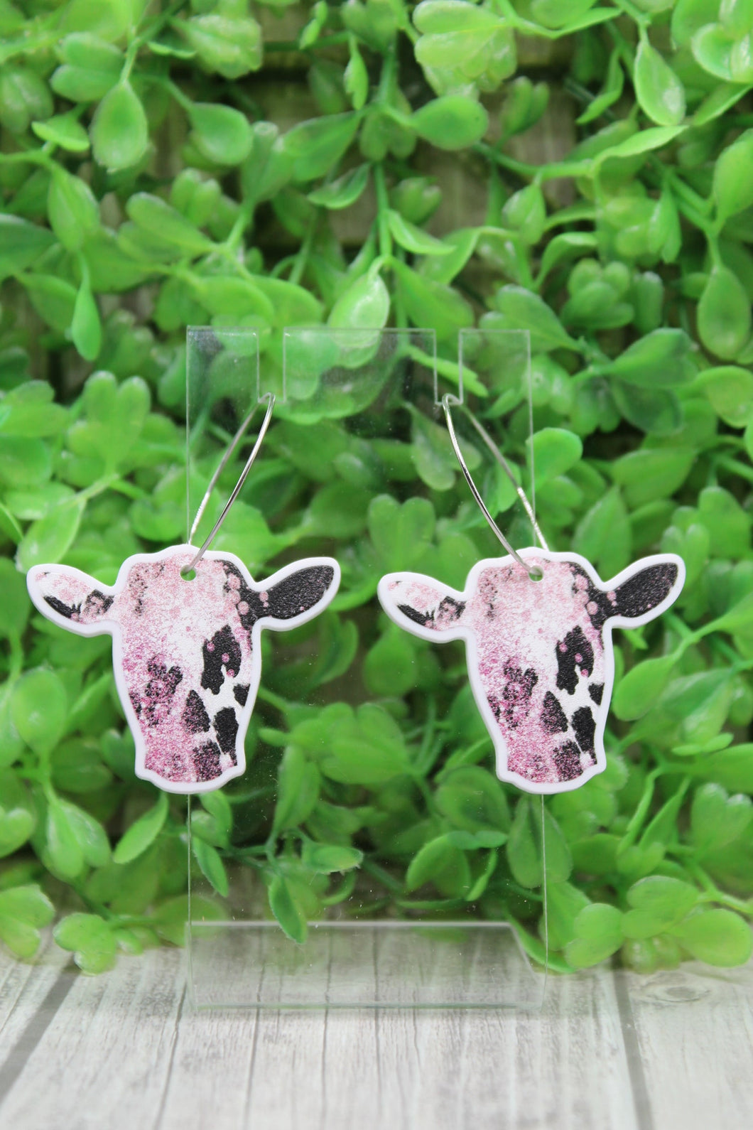 Black, White & Pink Cow Hoop Dangle Earrings