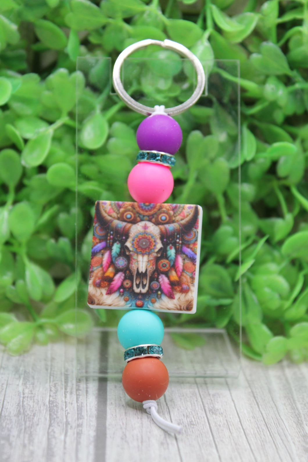 Colorful Steer Skull Bead Keychain
