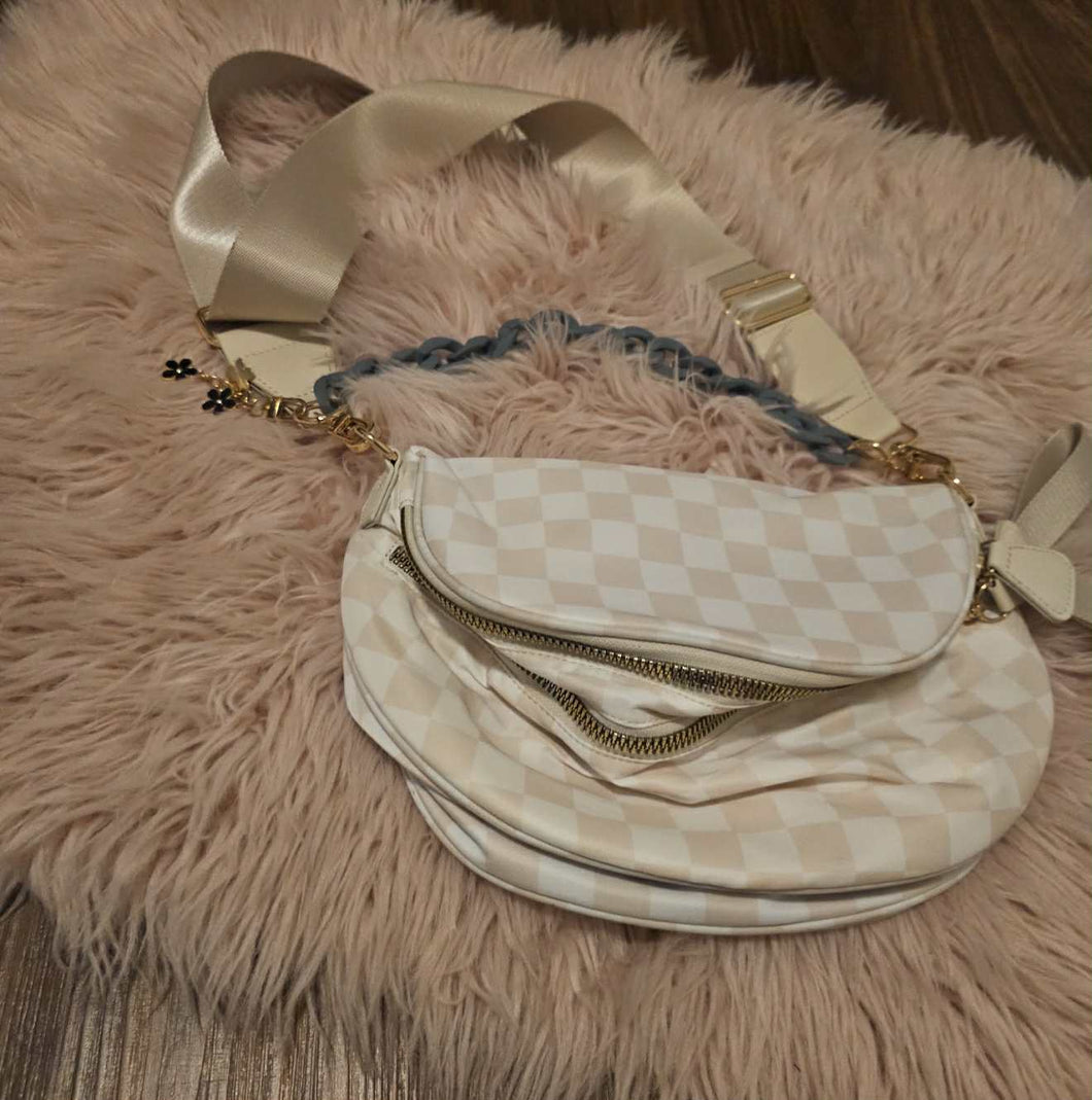 Tan & White Checkered Bum Bag With Decorative Chain 👛
