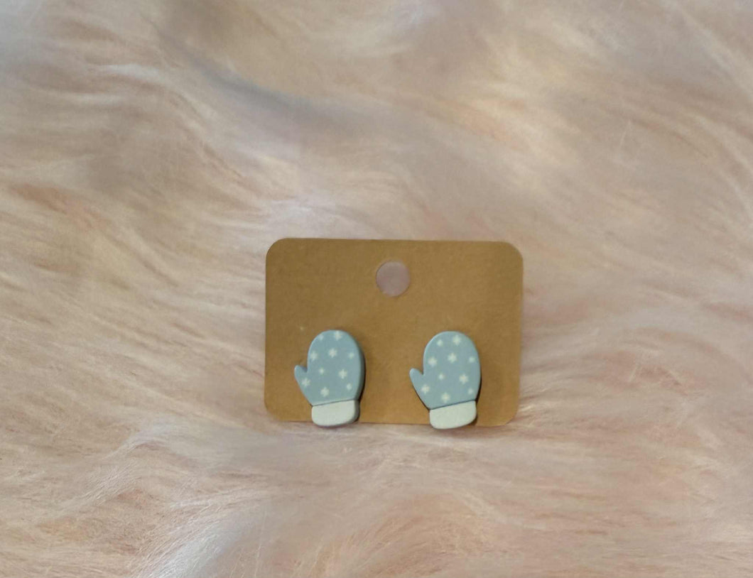 Blue Mittens With White Spots Studded Earrings