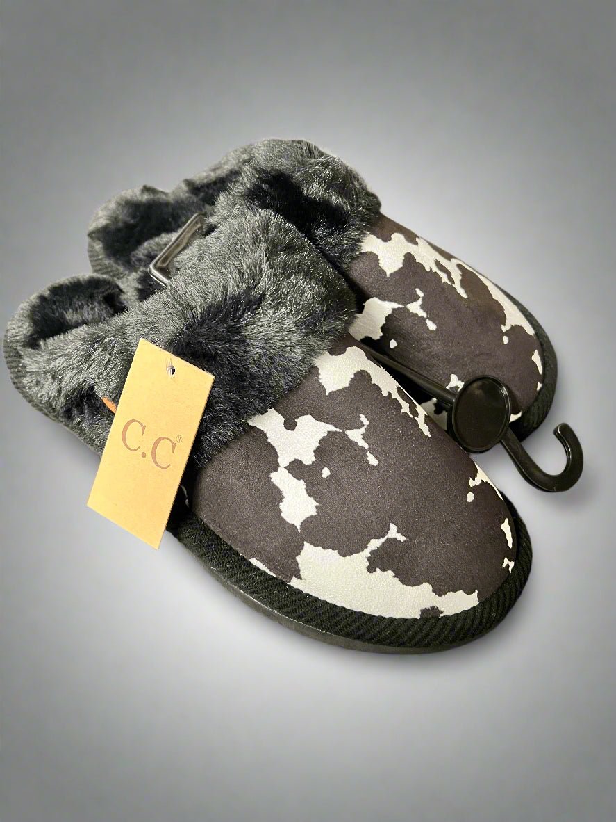 Cow Print Faux Fur Slippers - Black and white
